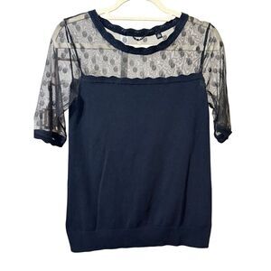 Knitted & Knotted Anthropologie Black Short Sleeve Knit Top Sheer Polka Dot Bodi